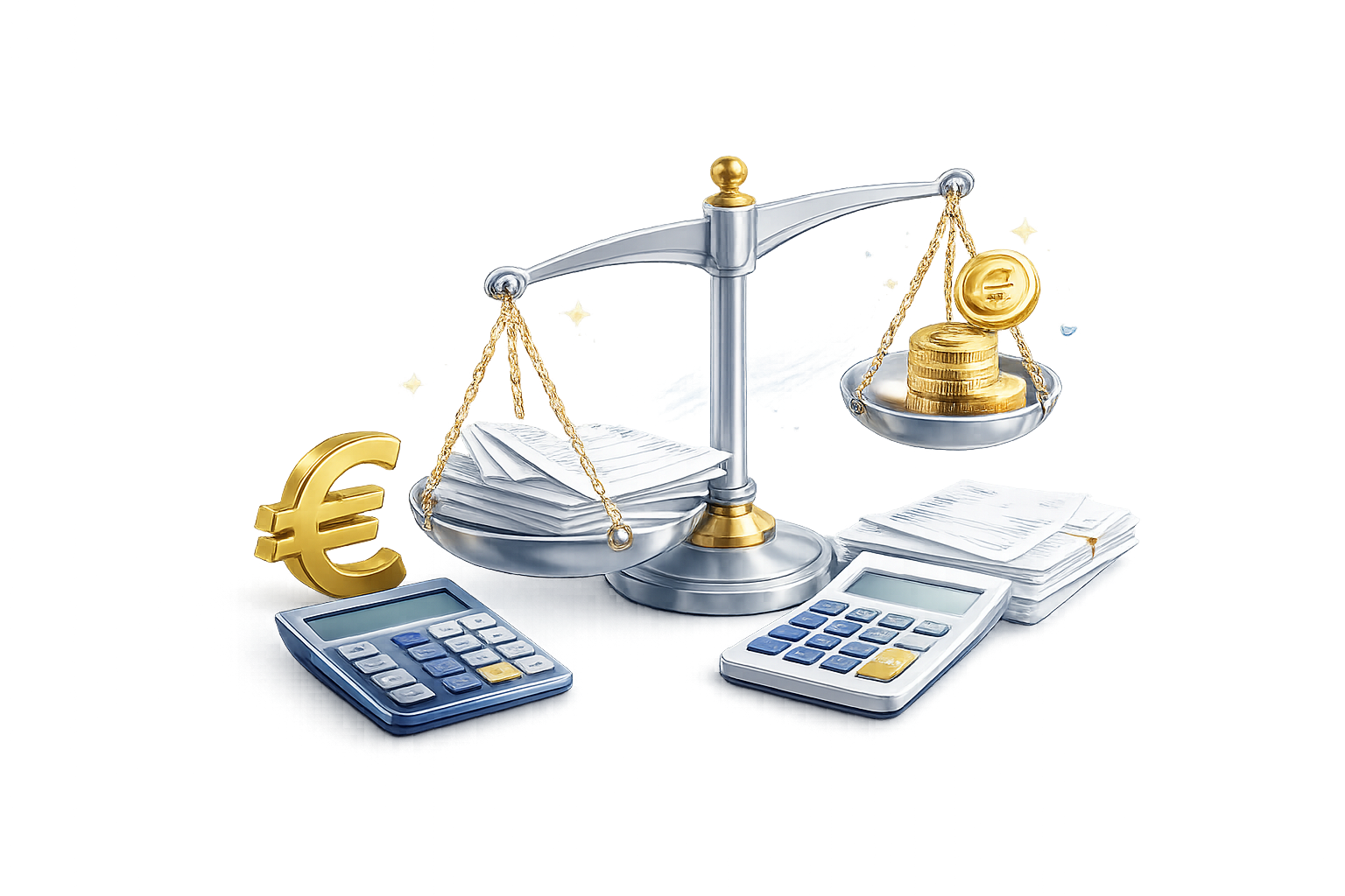 Illustration zu Factoring-Kosten mit Waage, Euro-Symbol, Rechnungen und Taschenrechnern