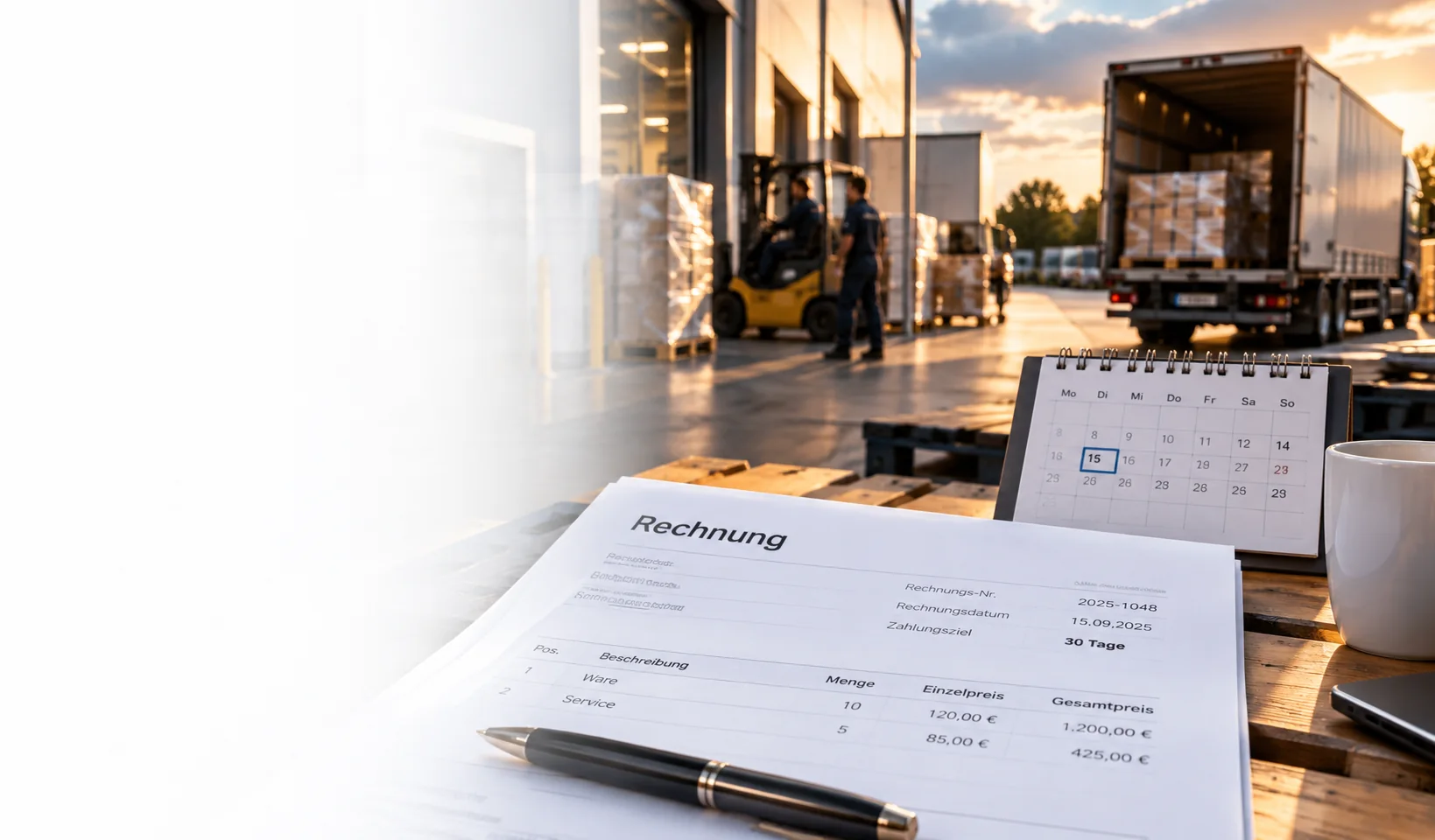 Rechnung mit Zahlungsziel und Kalender vor einem Lager